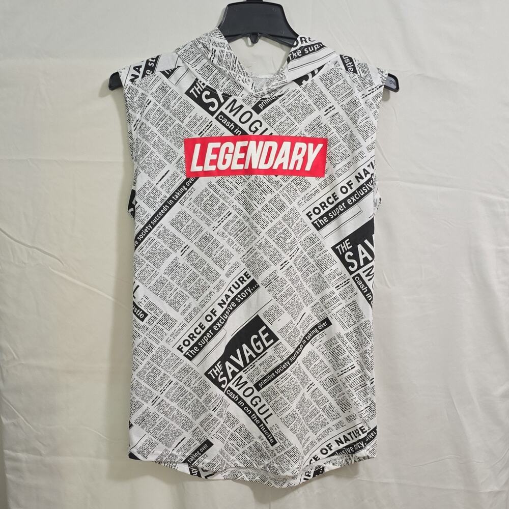 Vibes Mens M White Black Red Newspaper Print Sleeveless Hooded Tank